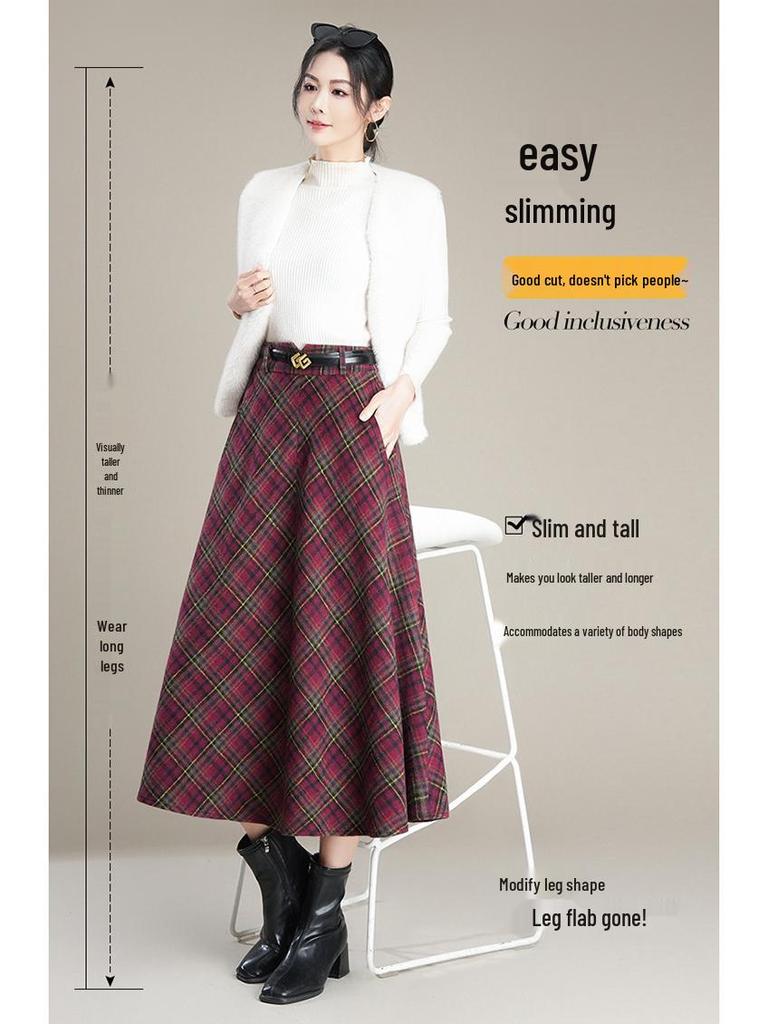 Woolen Plaid Pleated A-line Skirt - 2025 Winter Korean Style