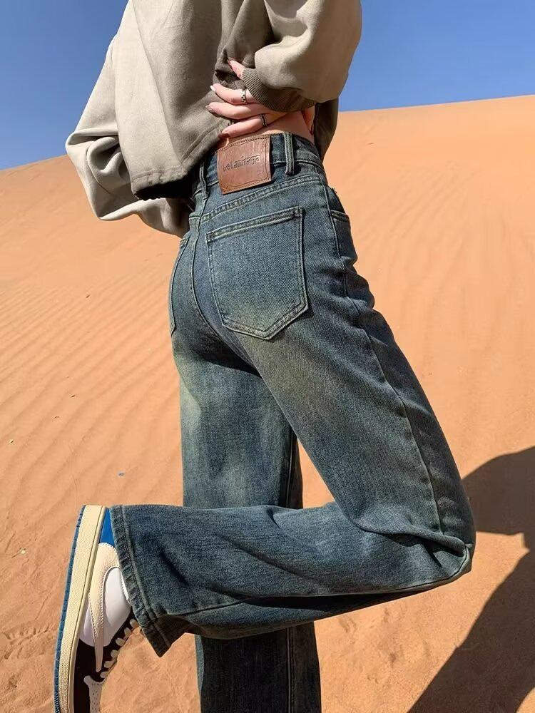 Women s Retro Winter Fleece-Lined Cement Gray Petite Wide-Leg Jeans 2025 XS