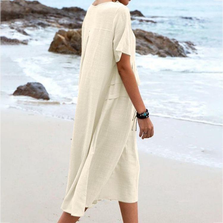 Women Casual Cotton Linen Short Sleeve Round Neck Solid Color Loose Pocket Beach Holiday Seaside Dress Skirt Summer