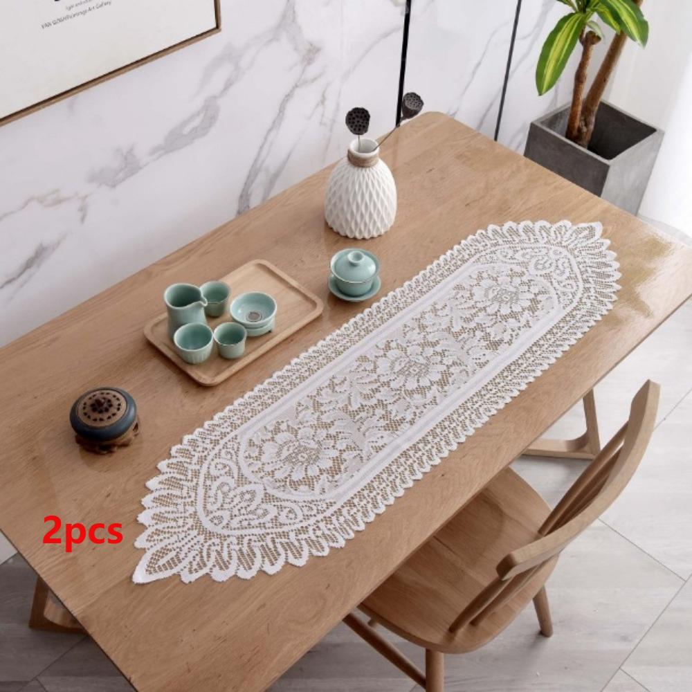 2pcs White Lace Table Runner Cotton Crochet Rectangular Hollow Lace Table Cloth Rustic Boho Embroidered Table Cover