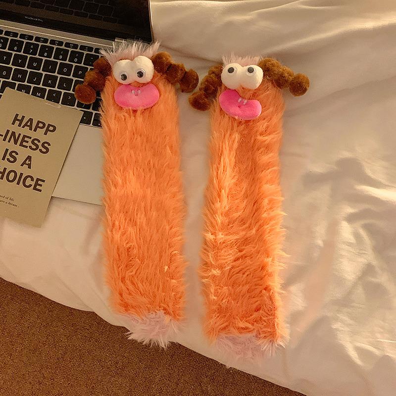1Pair Ugly and Cute Funny Mink Fleece Floor Socks Thickened and Warm Autumn and Winter Cartoon Medium Sleeve Home Socks Big Eye