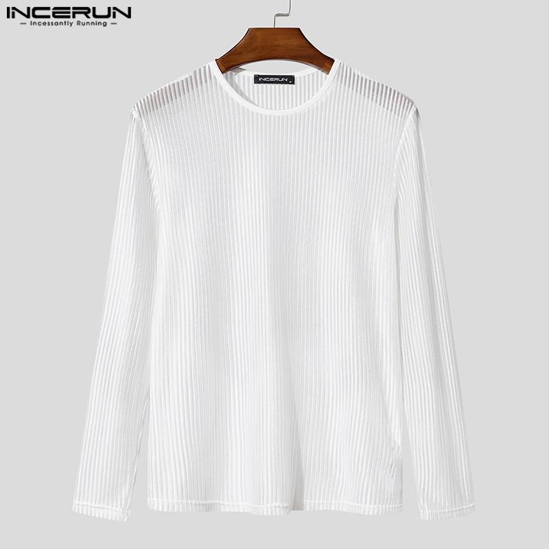 INCERUN Men Long Sleeve Striped Mesh See Through Skinny Party Club T-shirts Tops