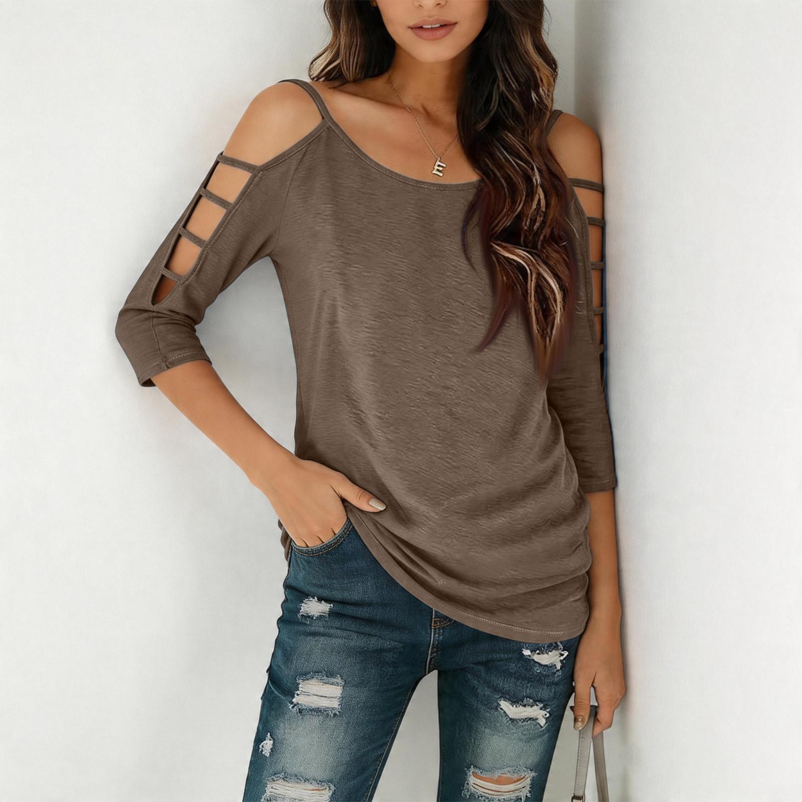 

Women s Casual Round Neck Three-Quarter Sleeve Off-Shoulder Loose Women s T-Shirt L хаки