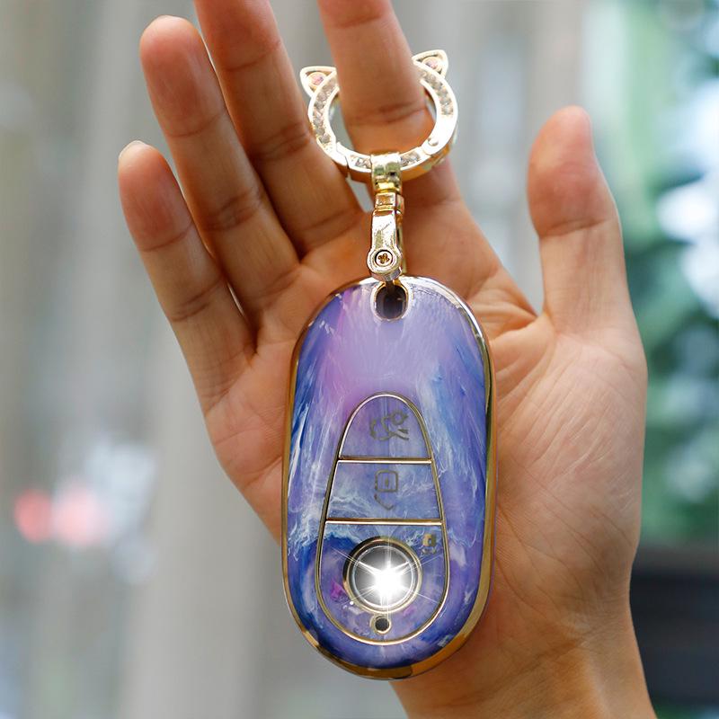 Mercedes-Benz Key Case for C260, LC200L, S400 Maybach, EQE, GLC with Gold Inlaid Jade Shell