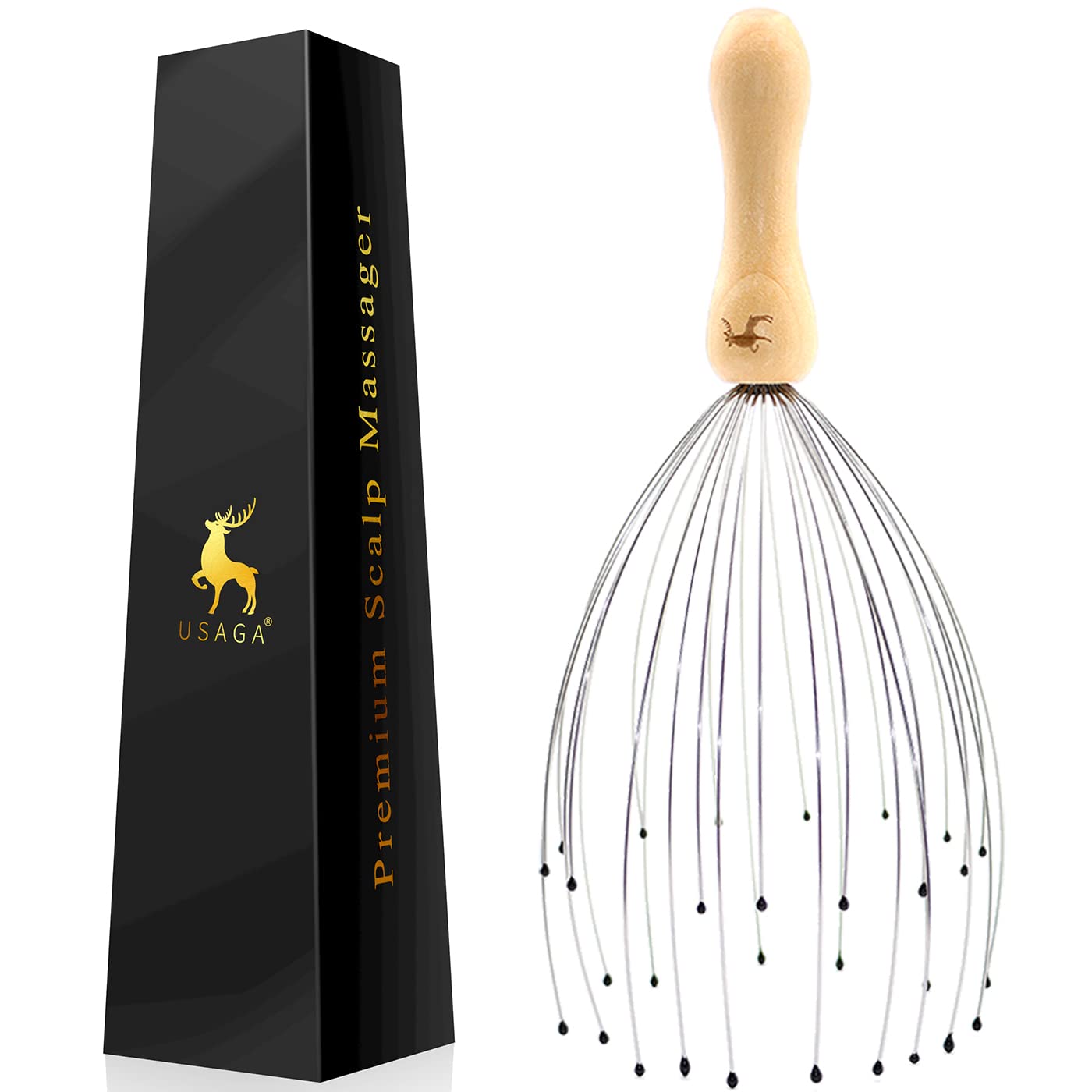 

USAGA Head Head Scalp Massager with Telescopic Back Scratcher for Head and Body Wooden Handle 32-Finger Massager, Scratcher, Relaxation, (1 Pack)