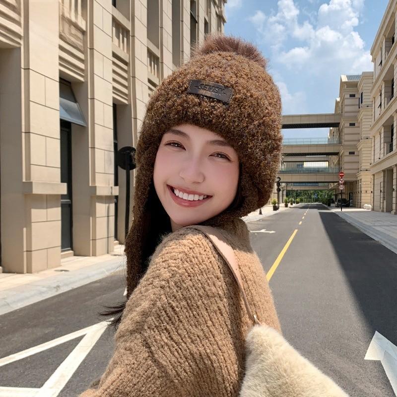 Autumn Winter Knitted Hat With Earmuffs For Women Breathable Warmth Casual Style