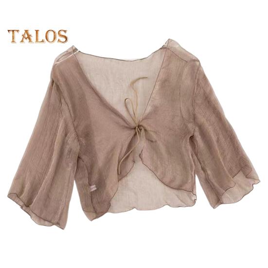 Dámský průhledný šifonový kardigan s předním zavazováním, průhledný, volný top elegantní šátek v retro stylu na dovolenou na pláž, denní nošení