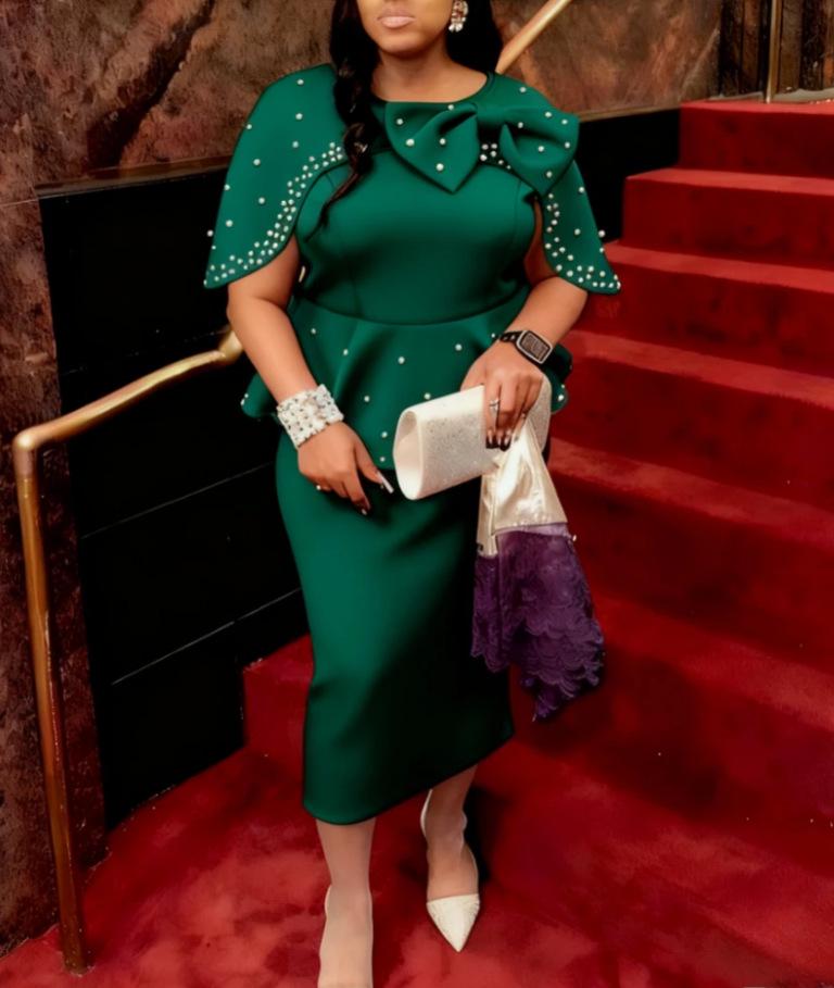 Elegant Pearl Shawl Dress: Plus-Size Women's Ruffled Bow Bodycon Gown