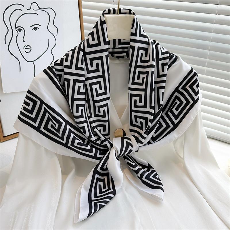 Striped Twill Silk Scarf: Large Square Shawl & Sunscreen Travel Headscarf - 90cm, Perfect for Spring & Autumn