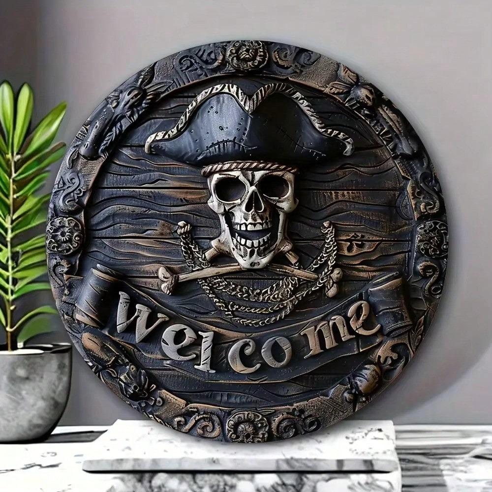 Metal Wall Art Pirate Skull Welcome Sign Home Decor Halloween Gift