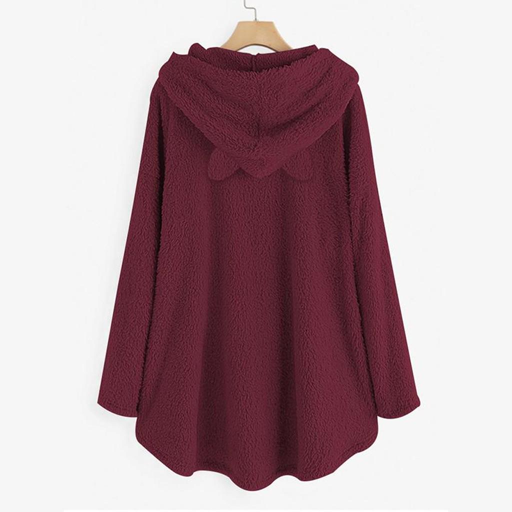Women Fleece Embroidery Cat Ear Plus Size Hoodie Pocket Top Sweater Blouse