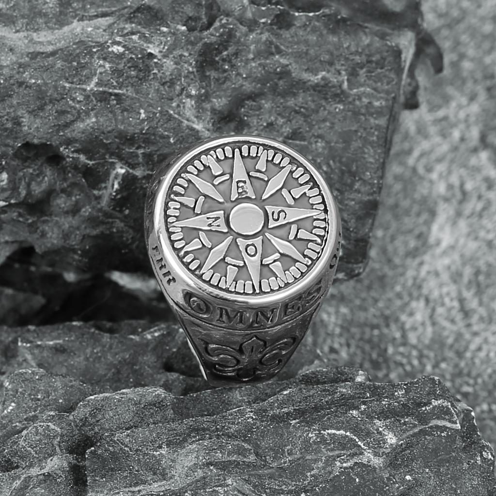 Vintage Titanium Steel Ring for Men Nordic Viking Letter Compass Handmade Boutique Jewelry Gift