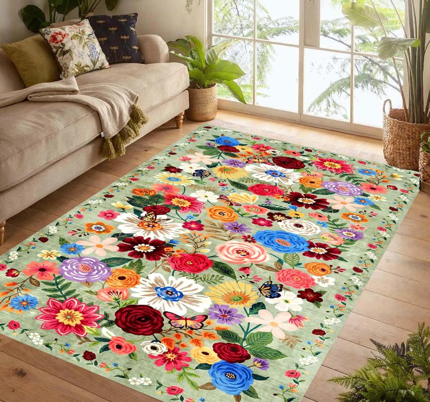 Teal Butterfly Floral Rug Orange Monarch Garden Carpet, Non-Slip Machine-Washable Carpets Home Decoration