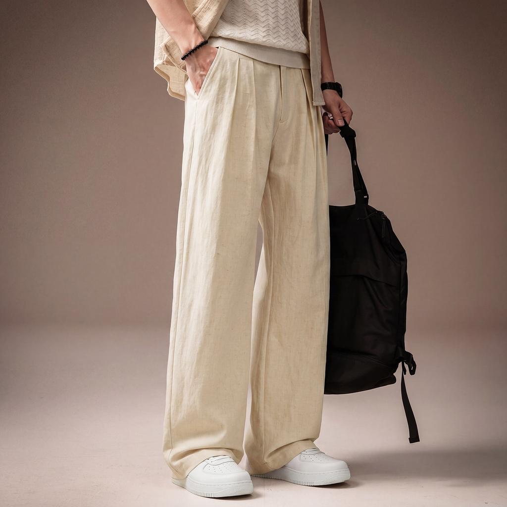 High-end American Old Money Style Linen Drape Pleated Trousers Men's Summer Thin Loose Casual Straight Casual Trousers