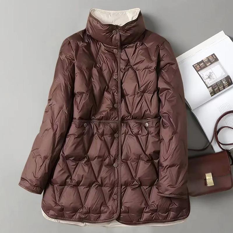 Autumn Winter Women Down Long Jacket Single Breasted Double Sided Puffer Coat
