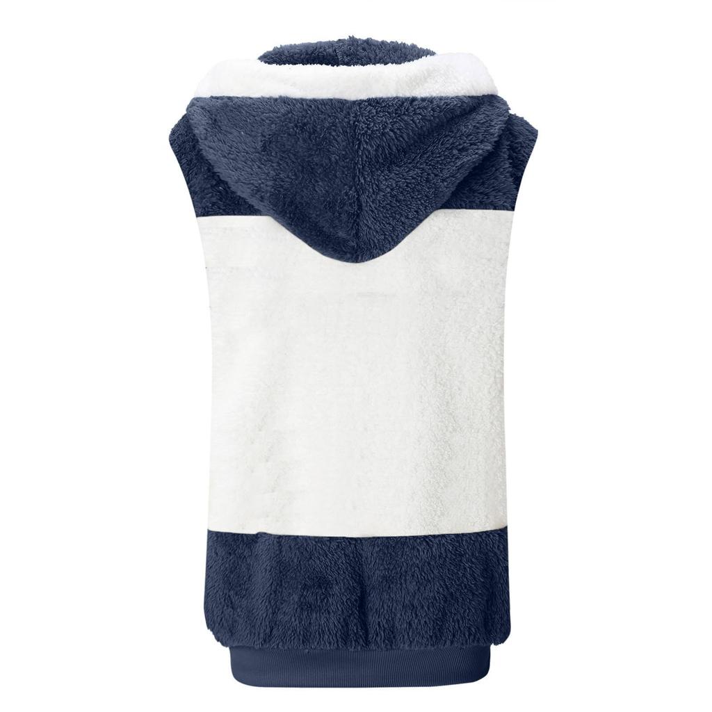 Women's Fashionable  Plush Zipper Pocket Hooded Sleeveless Loose Warm Vest Jacket