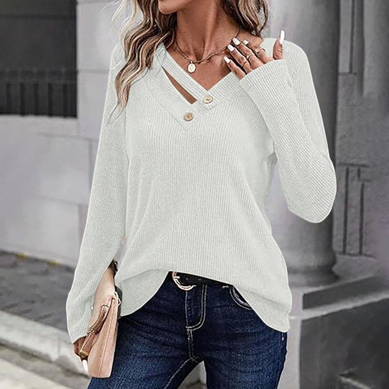 Women's Button V Neck Casual Long Sleeve Loose Fit Solid Color Knit Top Lightweight Comfortable Everyday Wear