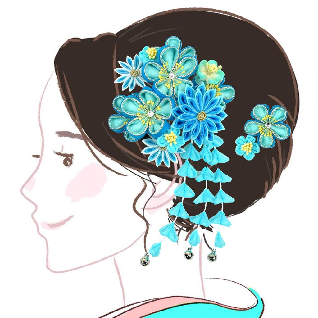 Hair Ornament Set Furisode Ceremony Tsumami Work Blue [Kyoto Usagido] 2-piece Coming-of-age Kk-009