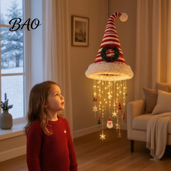 Indoor Christmas Craft Supplies Light?Up Santa Hat Hanging Chandelier DIY Kit, Warm LED String Lights Decorative Ornament Pendant with Star Tassel,
