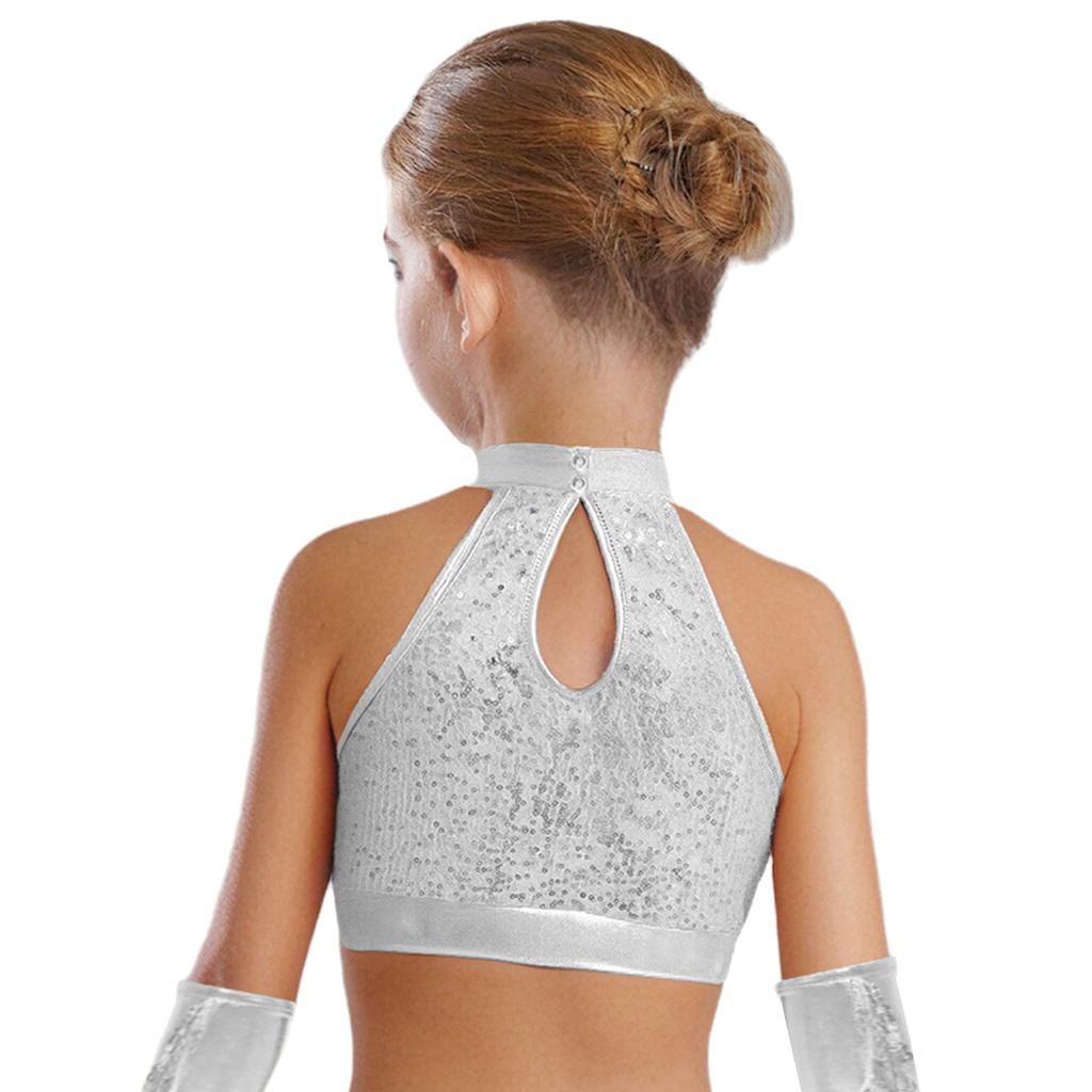 Mädchen Ärmelloses Mock Neck Tanz Crop Top Glitzer Pailletten Patchwork Schlüsselloch Rücken Design Performance Top