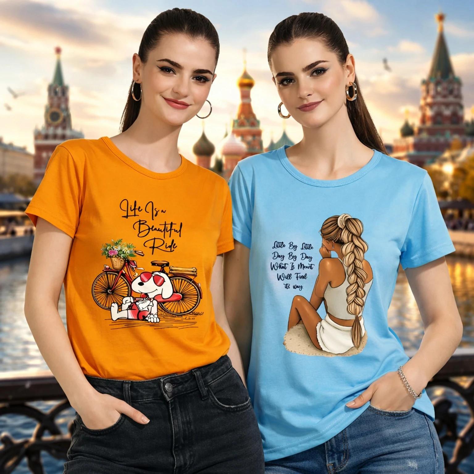 Beautiful Printed Women s Cotton Blend Round Neck T- Shirt Pack Of 2 Sets 2XL