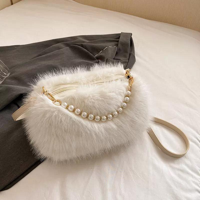 Yogodlns Winter Fashion Women's Faux Fur Shoulder Bags Candy Color Pearl Handle Crossbody Bag Small Fluffy Female Pillow Handbags