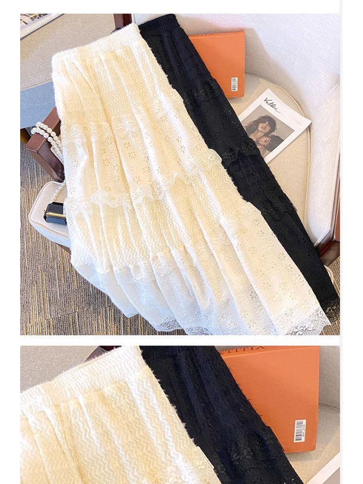 High-Waisted Fleece-Lined Lace Layered Slimming Midi Skirt