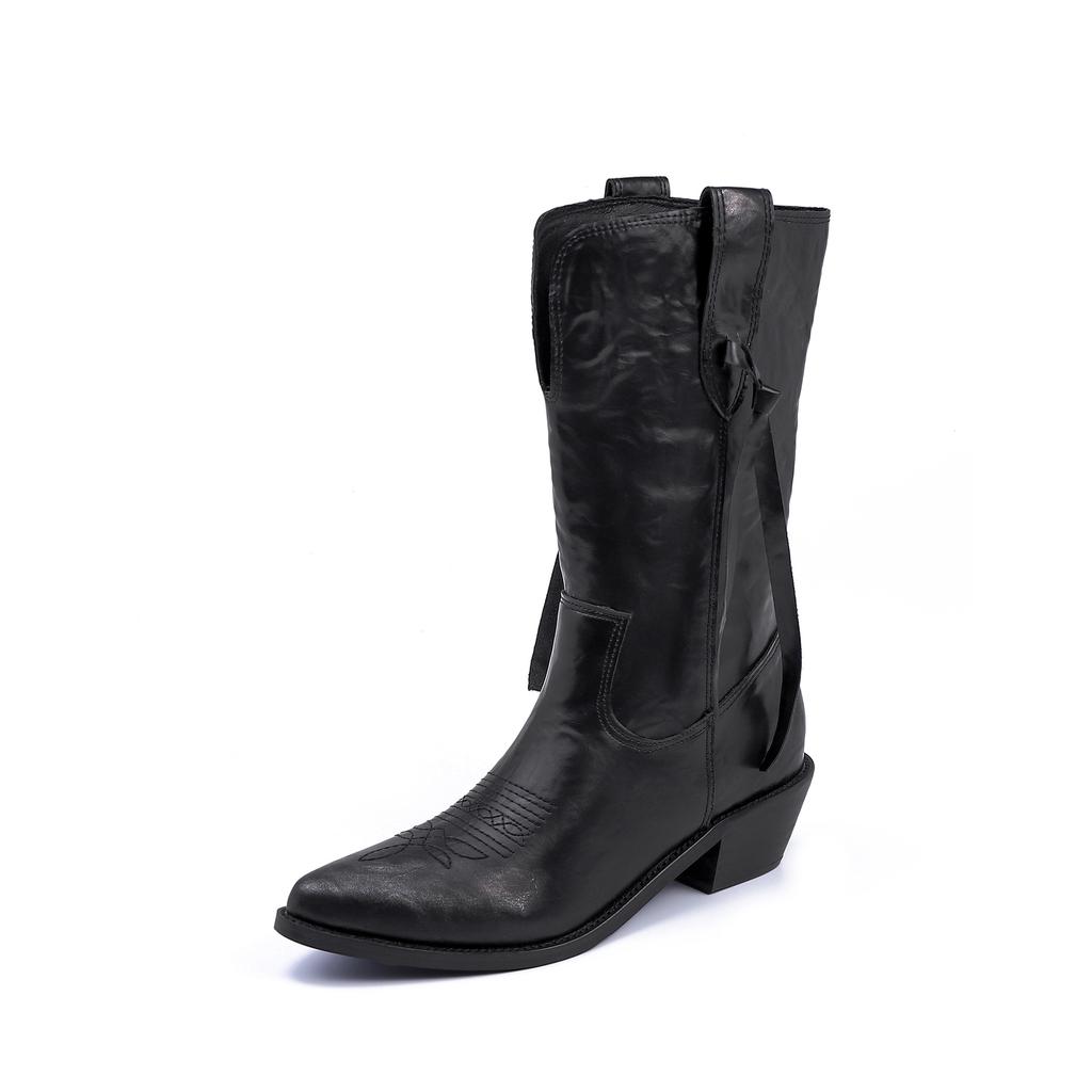 Polished Internet celebrity Western boots niche design sense embroidery pointed fashion boots women wear thick soles heightening women's boots