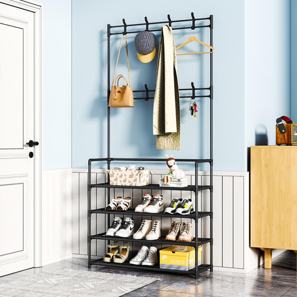 Shoe and Hat Rack Floor Standing with Hooks Metal Integrated Rack Multi-storey Large Capacity Living Room Household Shoe Cabinet