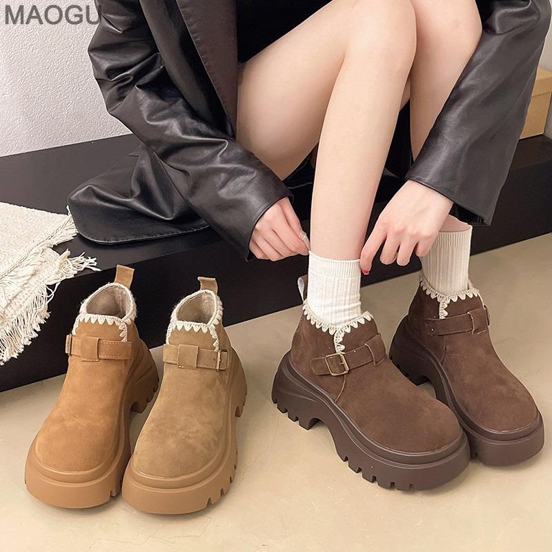 Platform Thick Sole Height Increasing Brown Ankle Boots Women's 2026 New Autumn Fashion Chunky Heel Shoes Slip On Botas Mujer