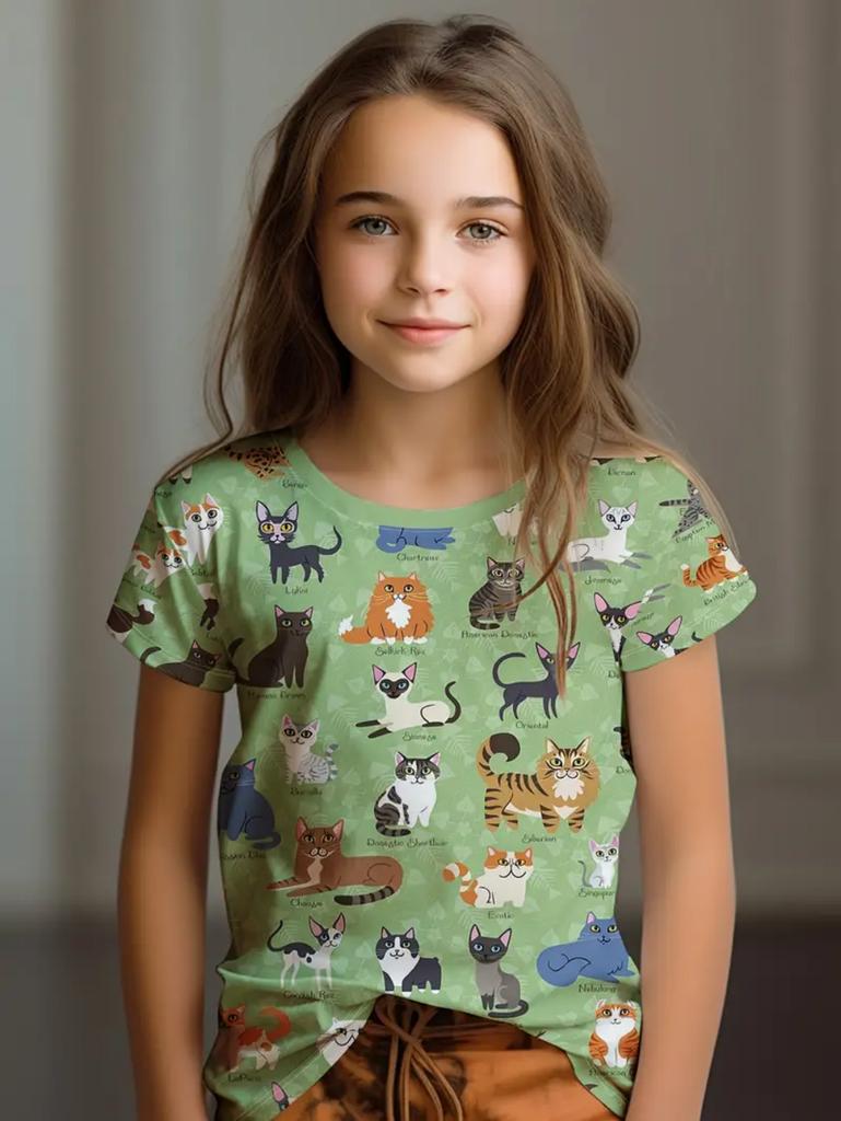 Colorful Cat Girl's T-Shirt Cute Patterns Summer Short Sleeves 3D Print Girl's Top Fashion Casual Streetwear Children's Clothing