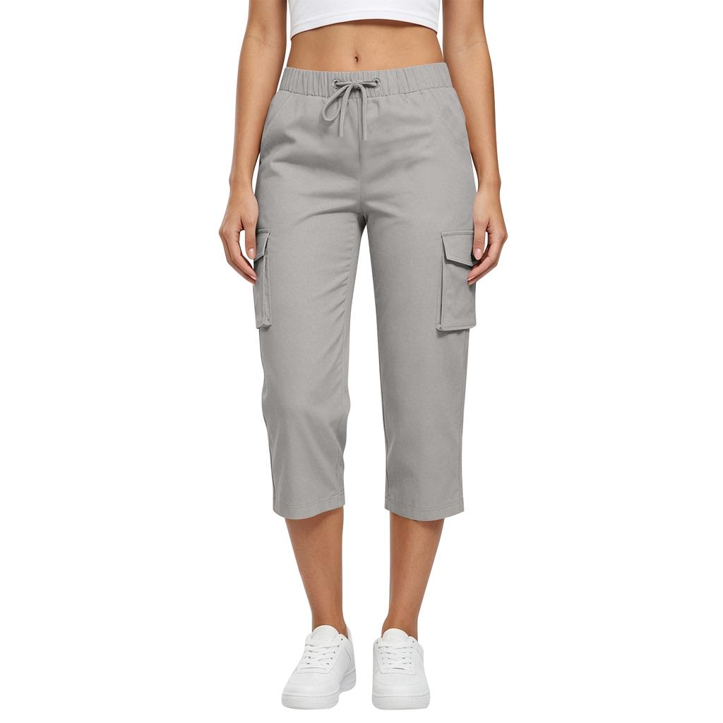Damen Cargo Capri-Hose mit hoher Taille, Taschen und Kordelzug, lässige, entspannte Passform, Outdoor-Sportbekleidung