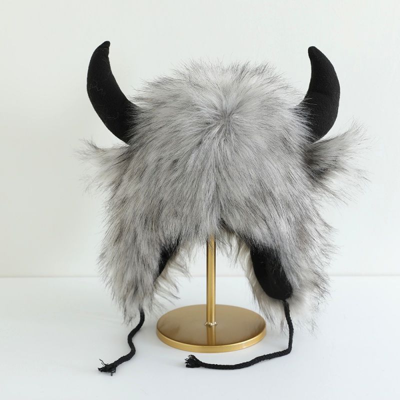 Mei Funny Bull Head Plush Lei Feng Hat, Women's Winter Warm Ear Protection, Windproof and Cold Riding Bull Devil King Hat