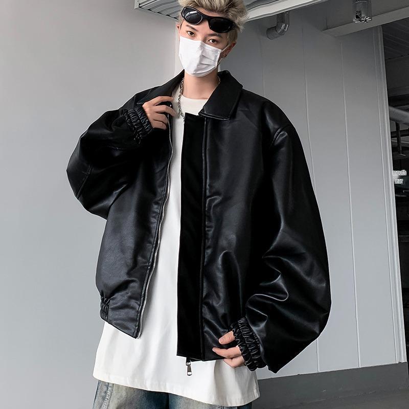 Heren Retro Leren Jas met Gewatteerde Schouders – Casual Losse Pasvorm voor Lente/Herfst