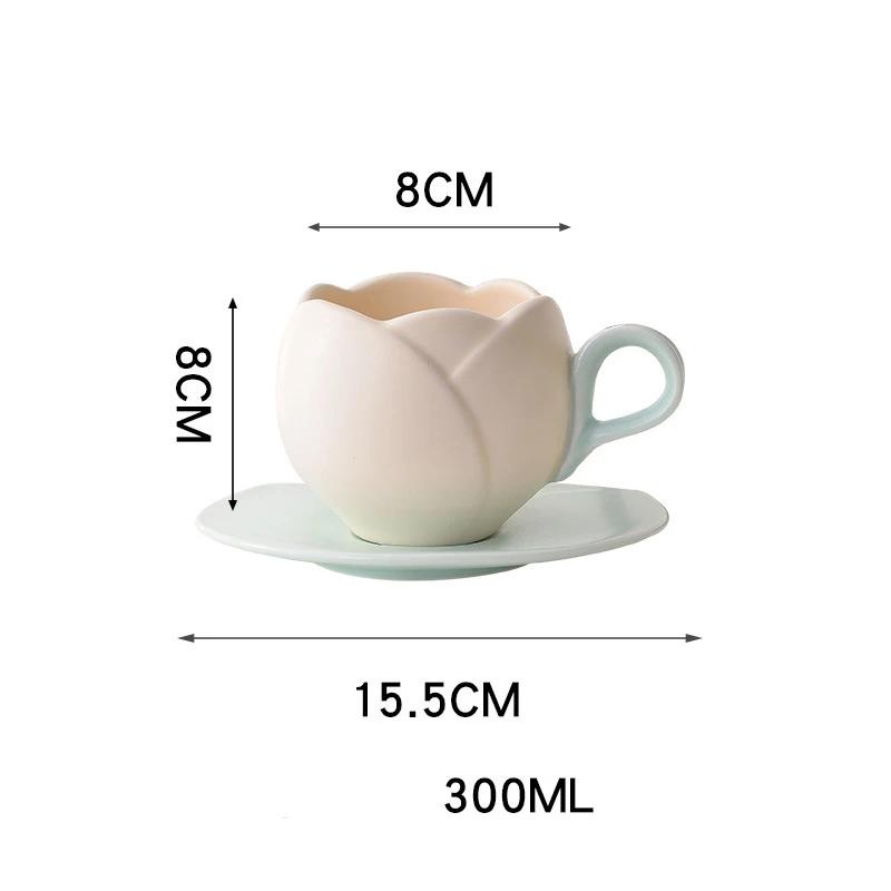 280/300ml Retro Instagram Style Tulip Coffee Cup Set Floral Emblem Ceramic Cup And Saucer for Elegant Afternoon Tea