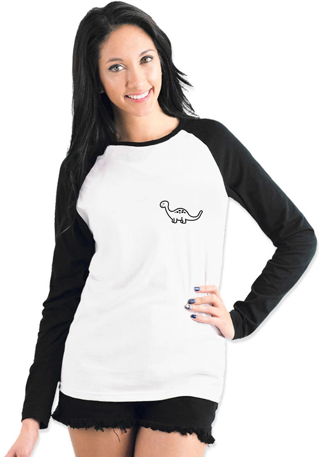 Brontosaurus Dinosaur Breast Print Ladies Womans Pocket Tee Baseball T-Shirt M