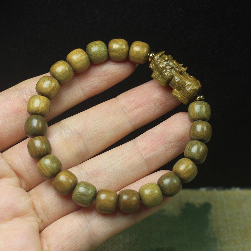 

Green Sandalwood Bead Bracelet 9mm, Wooden Bracelet with Pixiu Charm, Ethnic Style Gift