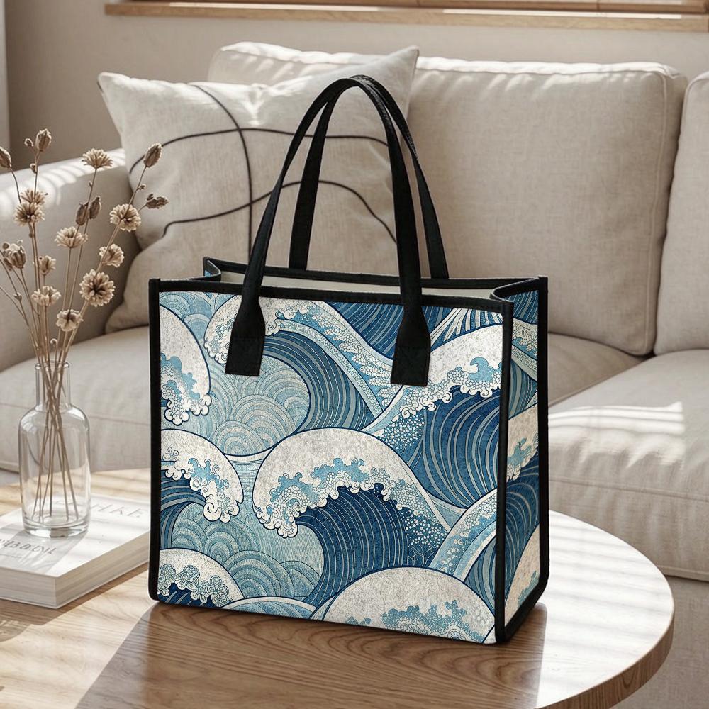Vintage Wave Print Casual Tote Bag Daily Use Shoulder Bag Stylish Handbag for Women Outdoor Travel Commute Bag
