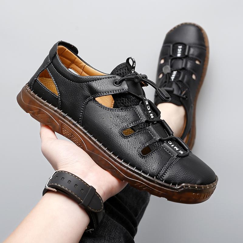 Summer Men's Elastic Band Sandals High Quality Outdoor Beach Shoes Cowhide Designer Non-slip Slippers for Men Hollow Out Sandals