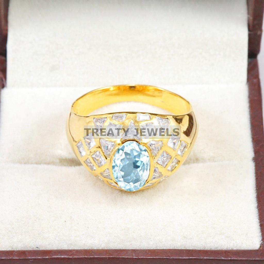 Aquamarine Oval Cut With 925 Sterling Silver Gold Plated Ring For Men's #A765 JL375659115888
