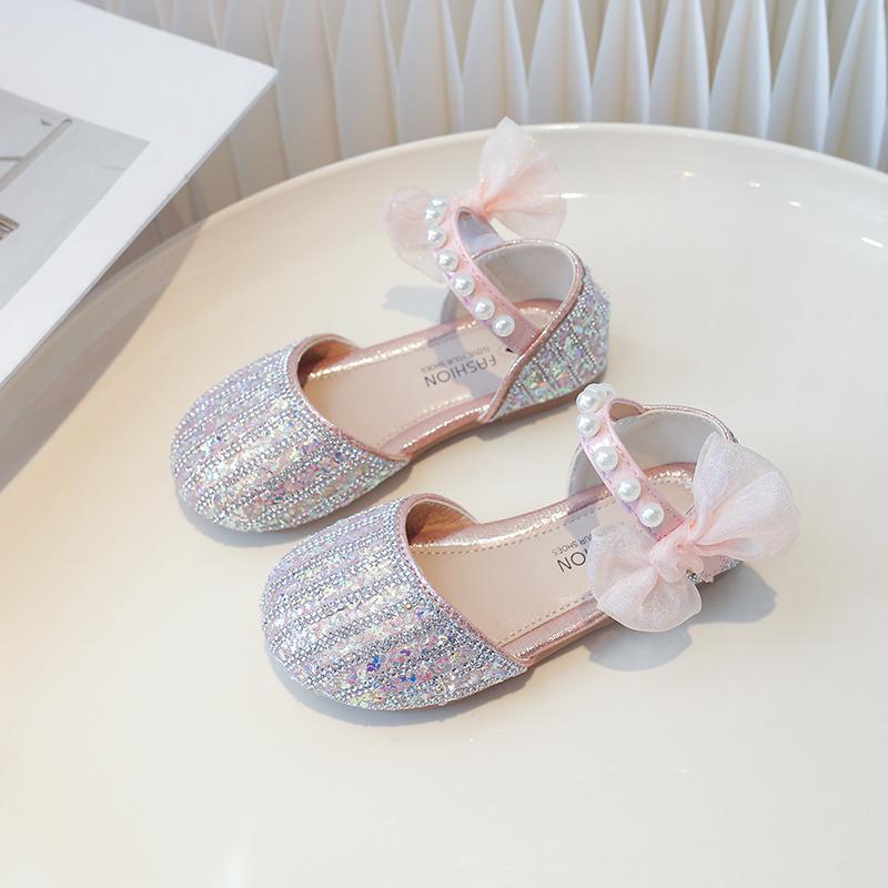 

Girls Half Sandas Mesh Lace Bow Kids Princess Shoes Sweet Shiny Sequins 2025 Summer New Girls Beach Shoes Round Toes Non-slip 26 розовый