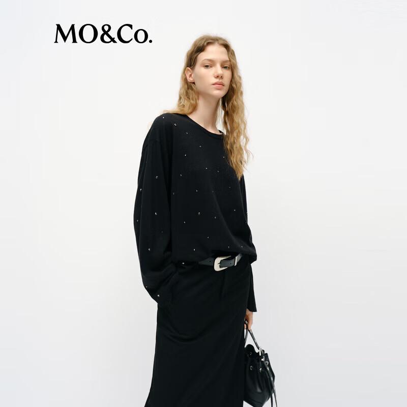 MO&Co. 2025 Spring Loose-Fit Linen Blend Rhinestone Round Neck Knit Top