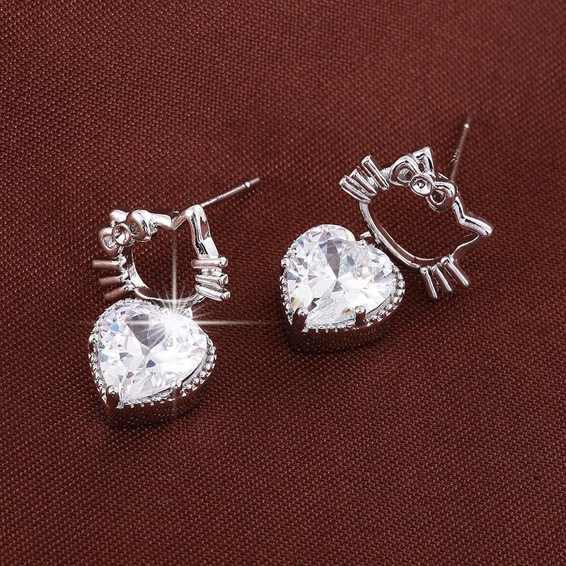 Sweet Kitten Heart Earrings: Cute Cartoon Cat with Gold-Plated Copper & Zircon Dangling Hearts