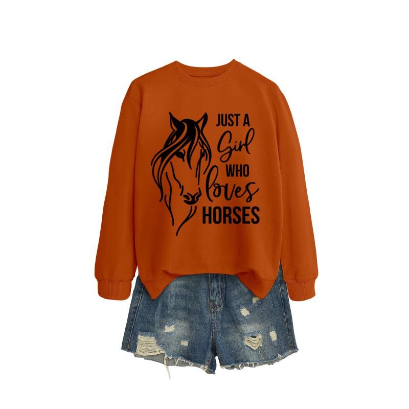 Womens Oversized Long Sleeve Hoodie Top With Horse Lover Graphic Print Cotton Blend Casual Sweatshirt Winter