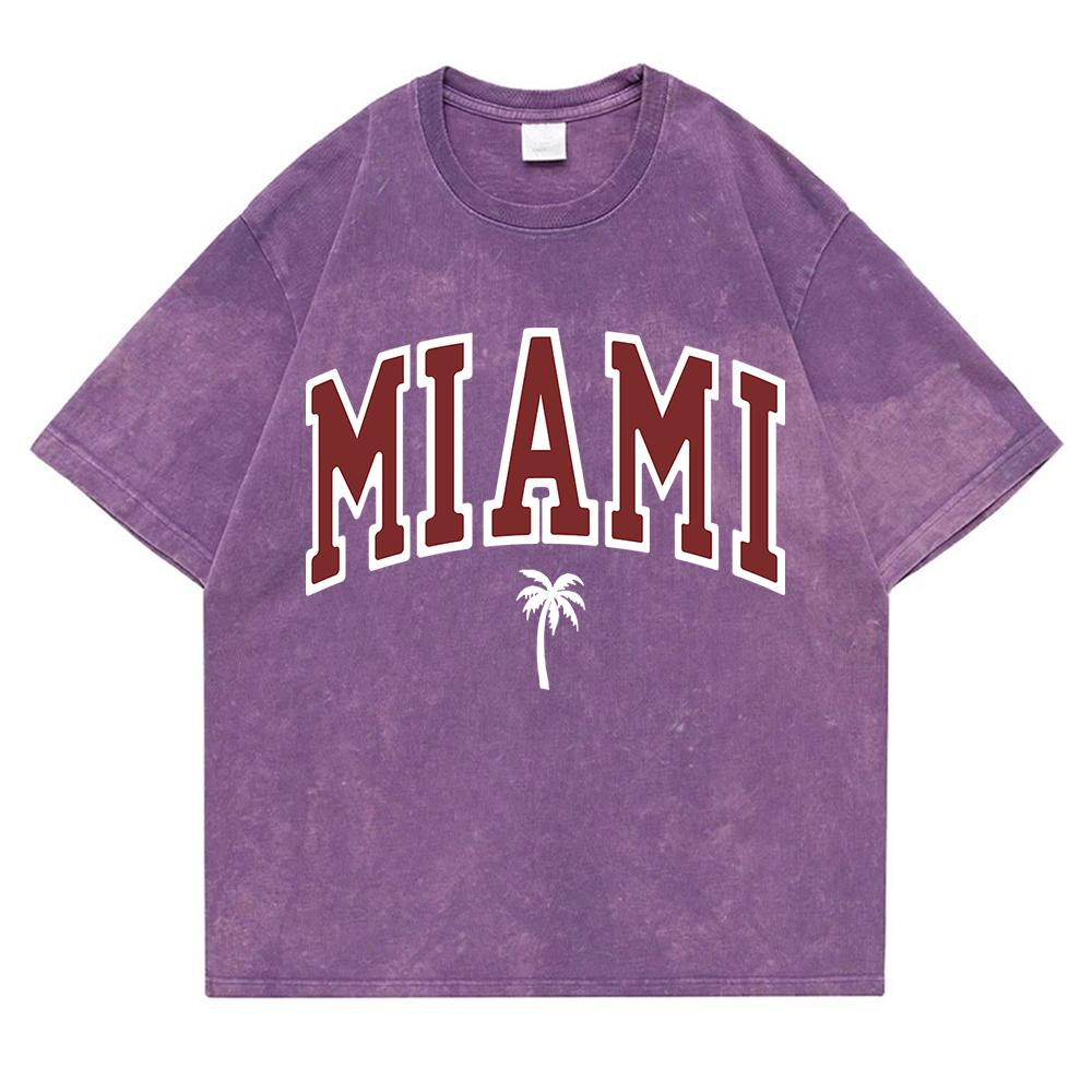 Miami Coast Kokospalmer Tvättade Retro Snögubbar T-shirts Bomull Oversized Kortärmad Lös T-shirt Andningsbara Toppar