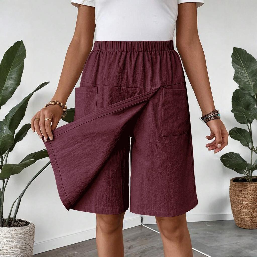 Women's Fashion Pants And Skirts Solid Color Elastic Waist Pocket Casual Shorts