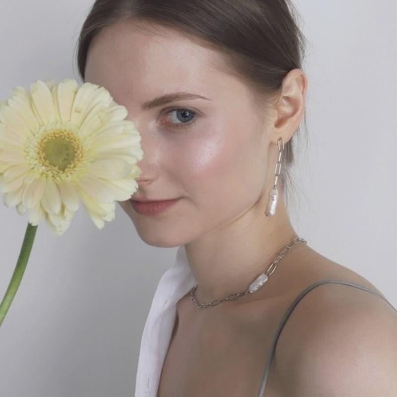 Ozel Silver925 Link Chains Natural Water Pearl Drop Earrings PS156E