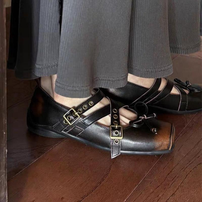 Fashion Low Heel Flat Shoes New Square Head Shallow Mouth Butterfly Knot Rivets Metal Buckle Soft Sole Non-slip Single Shoes