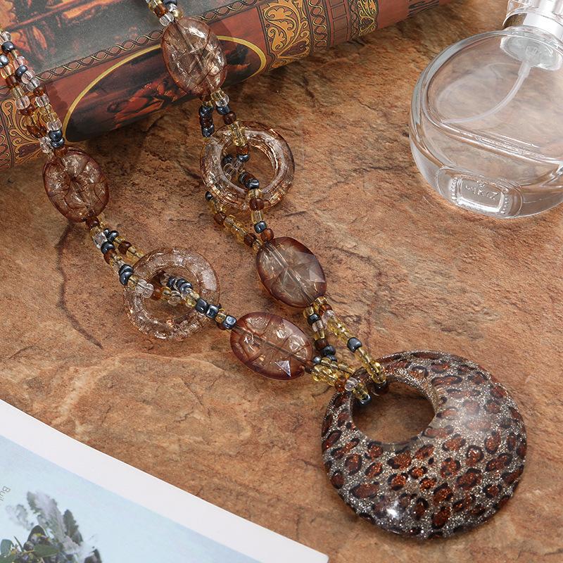 Ethnic Sle Round Resin Leopard Long Sweater Chain Necklace Retro Crystal Pendant Female Jewelry Neck Accessories A1