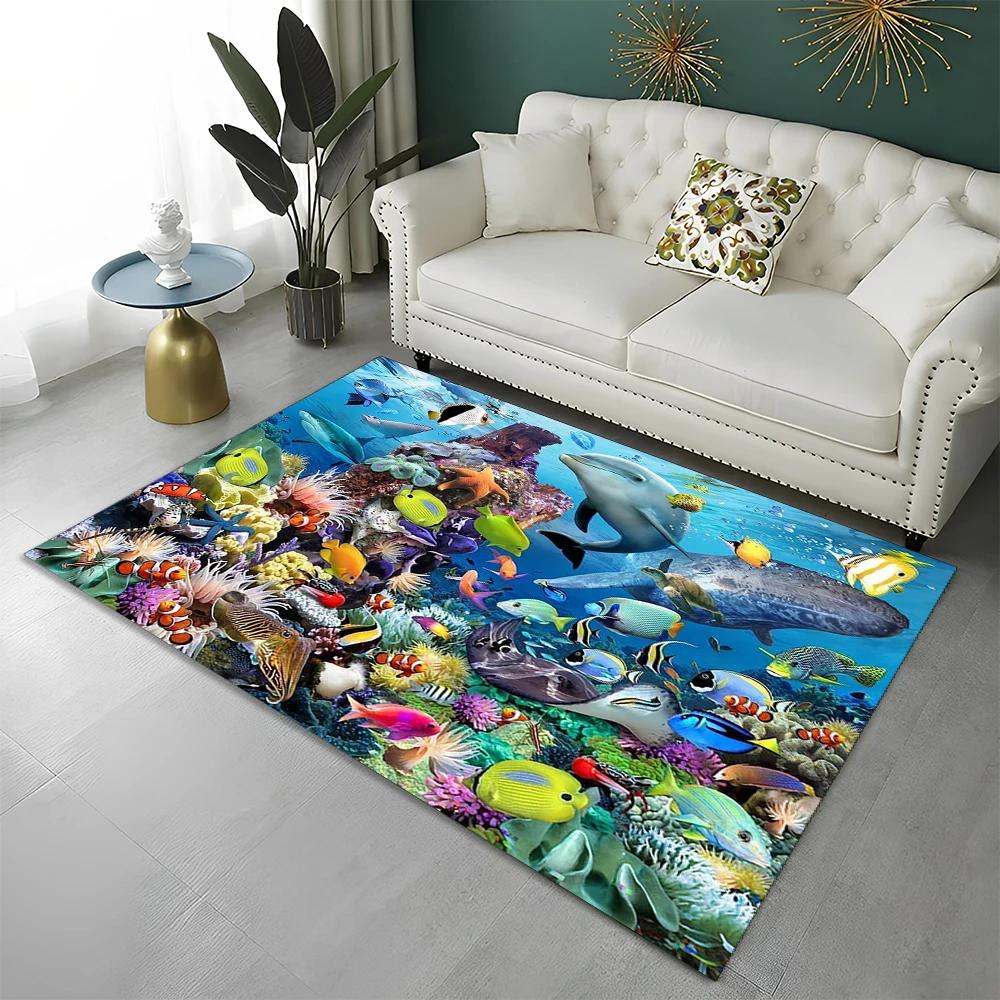 3D Underwater World Seabed Fish Carpet Rug for Home Living Room Bedroom Sofa Doormat Decor,kids Play Area Rug Non-slip Floor Mat